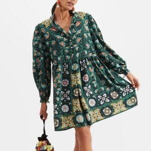 La DoubleJ Green Shorty Printed Silk Crepe De Chine Mini Dress Size M
